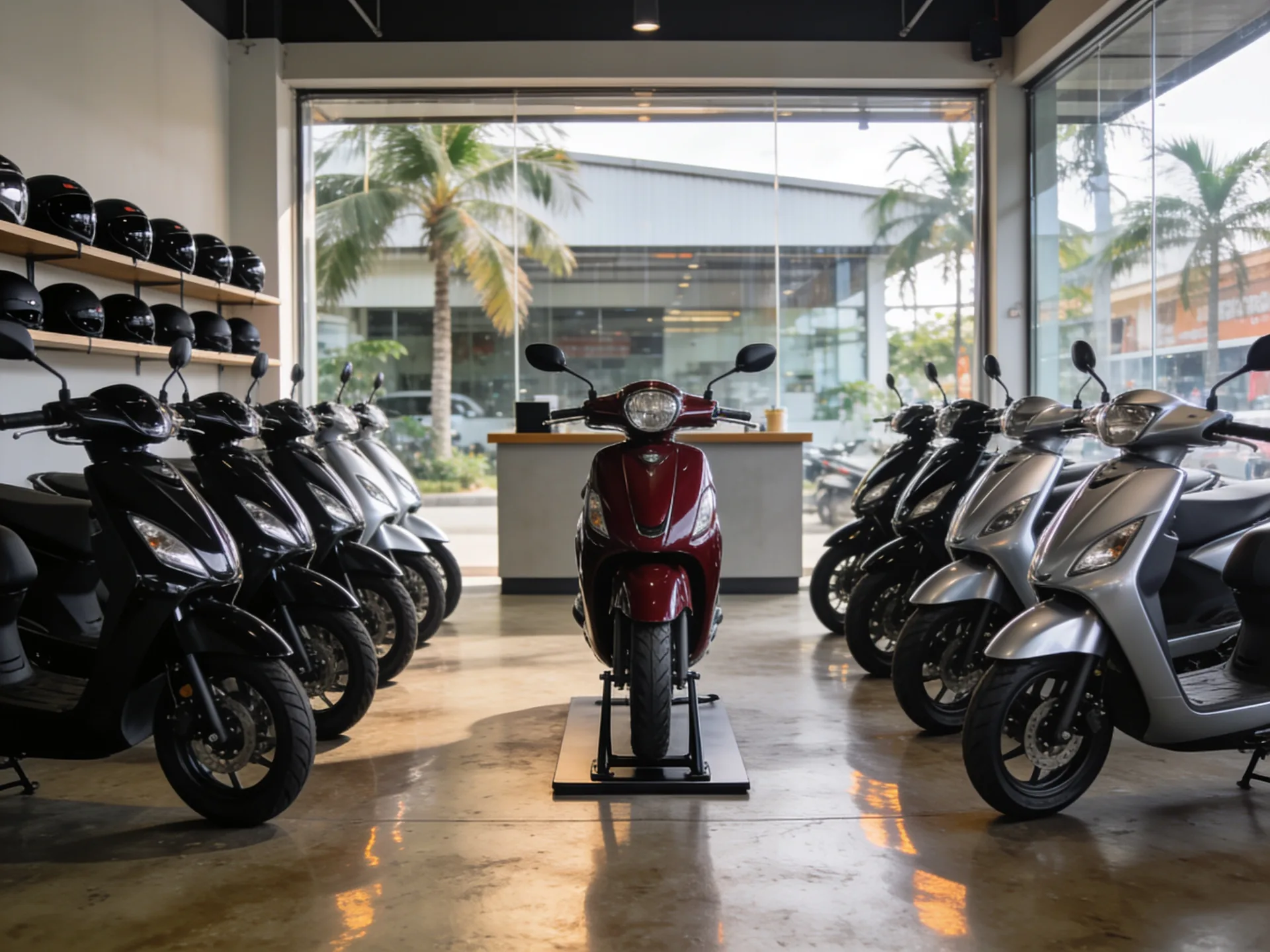 Le showroom Mayotte Scoot à Kawéni, scooters alignés prêts à partir